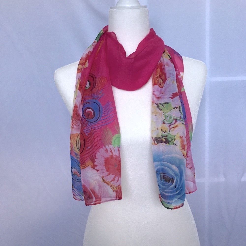 Bright pink long scarf. Peacock feathers/f…